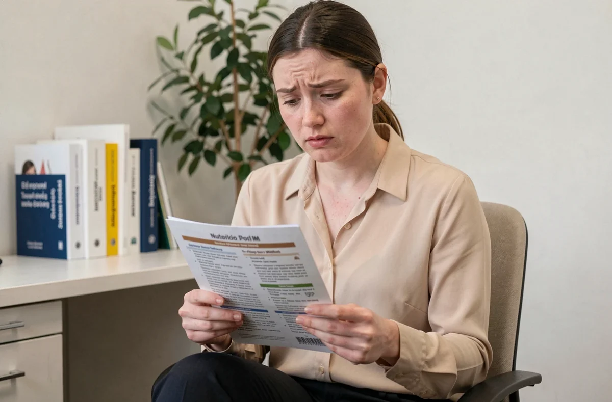 Jeune femme chez le médecin consultant une brochure sur la nutrition, signe de carences alimentaires