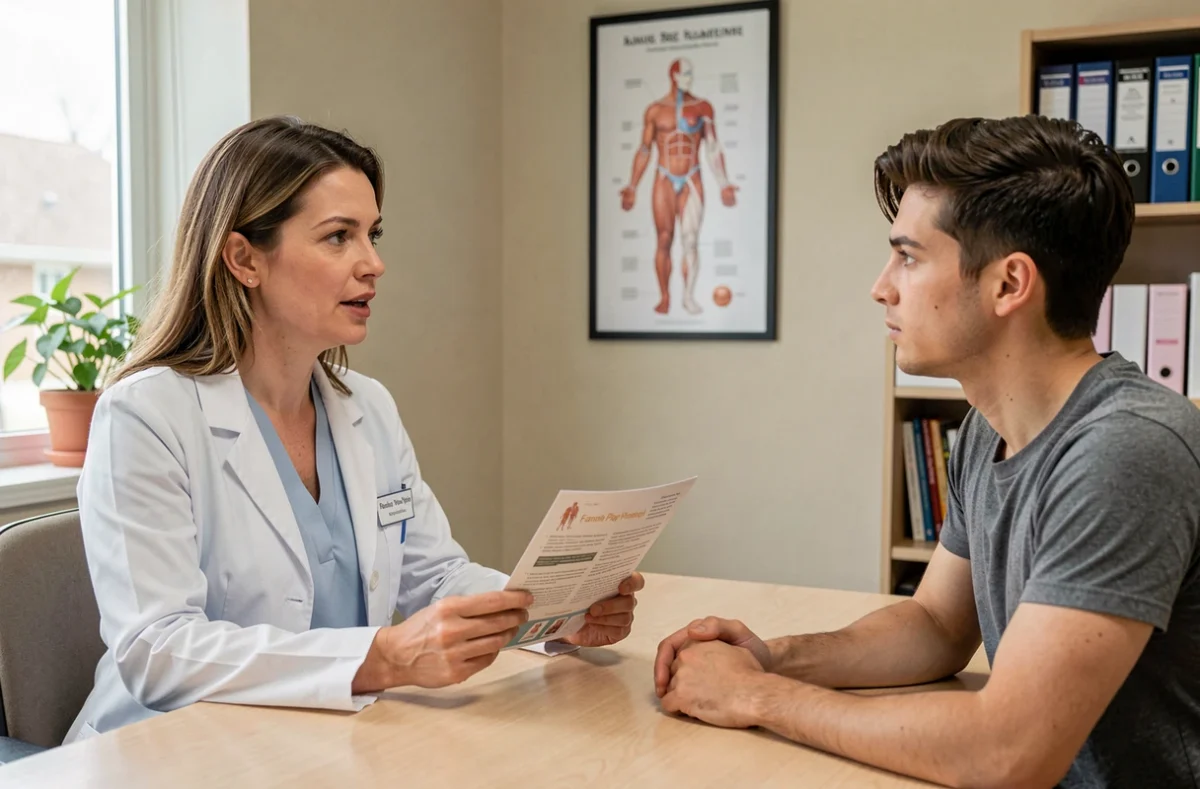 Professionnelle de santé en consultation de planification familiale avec un jeune couple dans une clinique