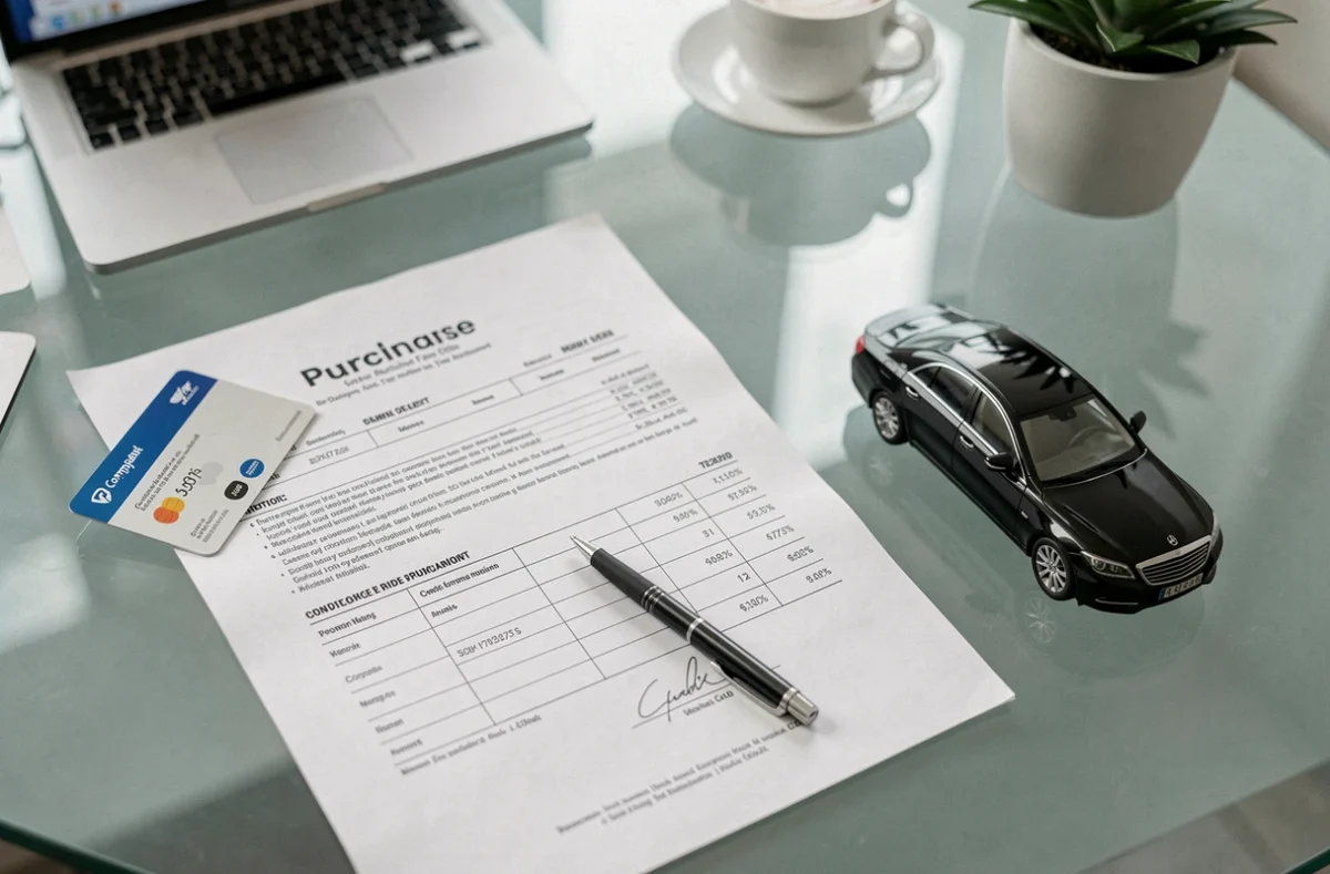 Contrat d'achat de voiture de direction avec carte bancaire professionnelle et stylo sur un bureau en verre, représentant une remise négociée en entreprise
