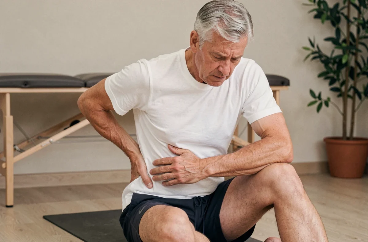 Homme senior tenant son dos douloureux sur un tapis de yoga, évoquant les contre-indications physiques du yoga