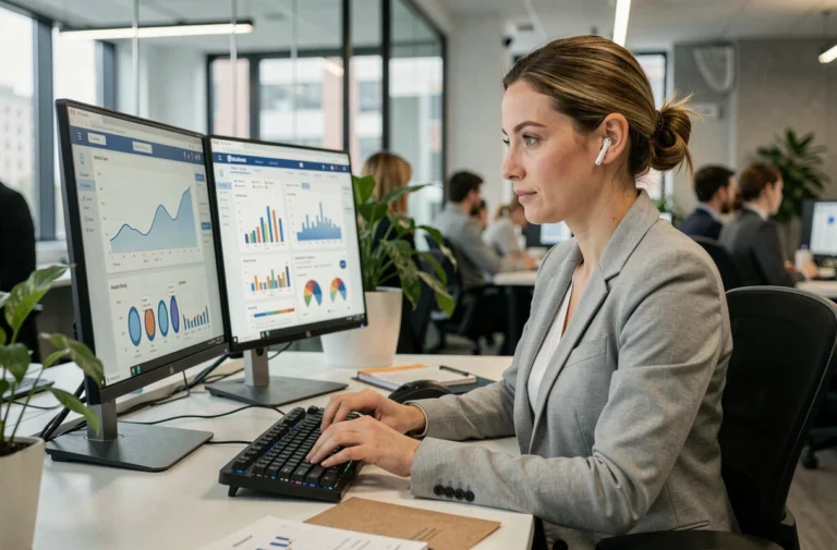 Femme professionnelle utilisant des outils numériques dans un bureau moderne de technologie de l'information