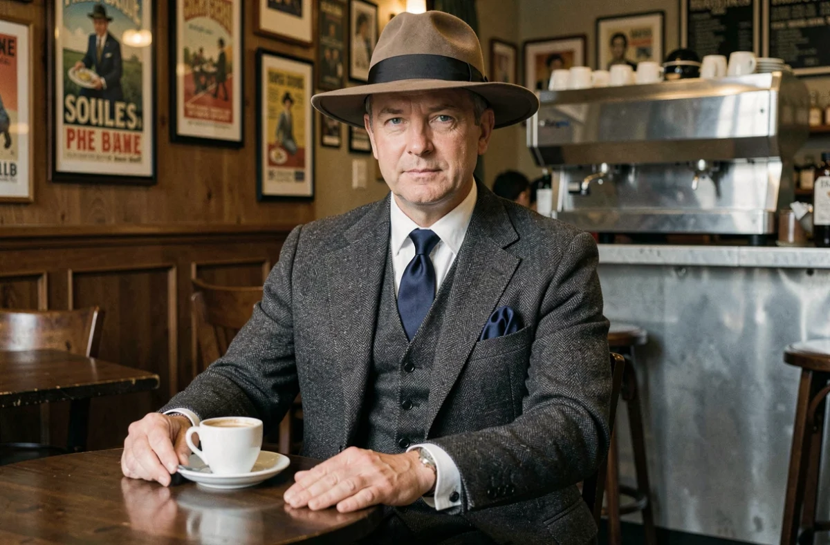 Homme en costume trois pièces en laine à chevrons et fedora, assis dans un café rétro des années 1930, représentant la mode masculine de l'entre-deux-guerres
