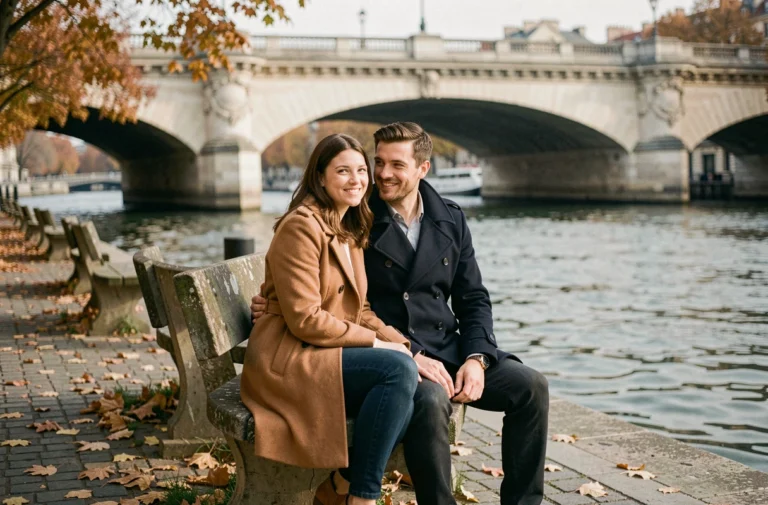 Couple amoureux assis sur un banc en pierre au bord de la Seine à Paris en automne