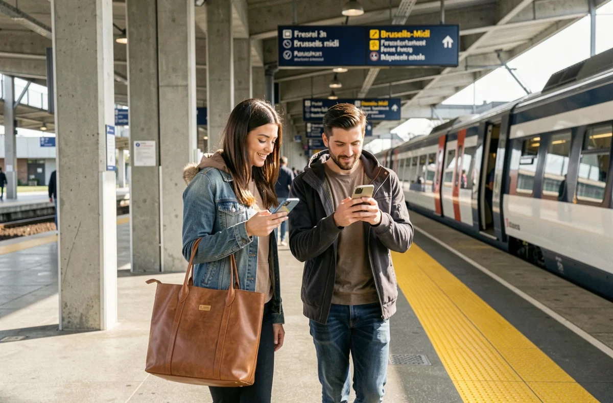 Couple de voyageurs arrivant à la gare de Bruxelles-Midi en train depuis Paris avec bagages