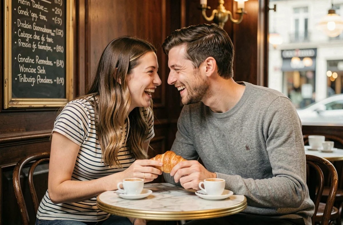 Couple partageant un croissant dans un café parisien typique avec décor en bois et marbre