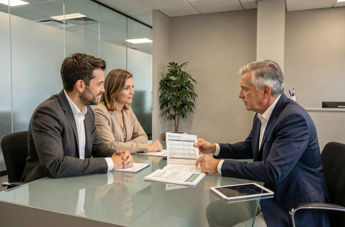 Couple en rendez-vous avec un conseiller bancaire pour discuter du coût d'un crédit immobilier