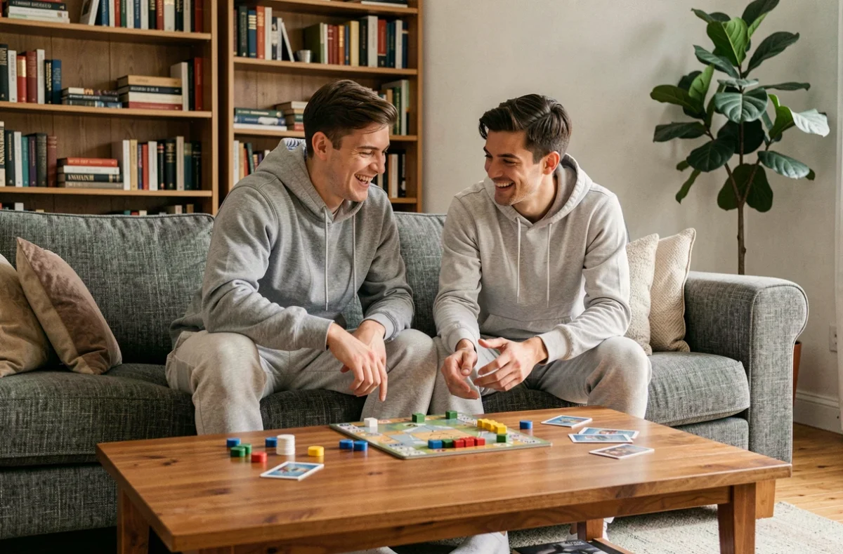 Couple jouant à un jeu de société dans le salon, ambiance détendue et conviviale, idée d'activité à faire chez soi