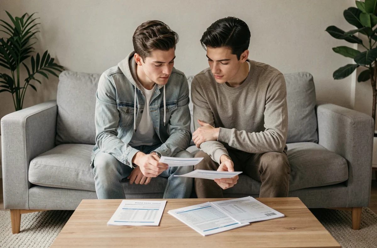 Couple en train de planifier leur budget commun avec des relevés bancaires sur une table basse