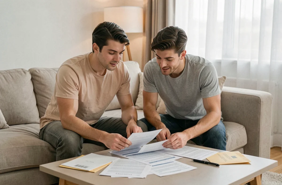 Couple planifiant ensemble la répartition de leur budget mensuel autour de documents financiers dans leur salon