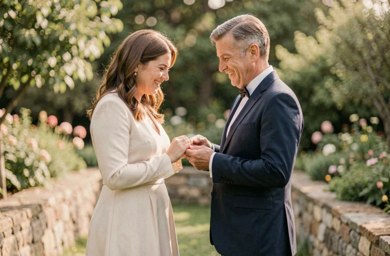 Couple dans la quarantaine échangeant des alliances lors d'un remariage dans un jardin, symbole des avantages du remariage