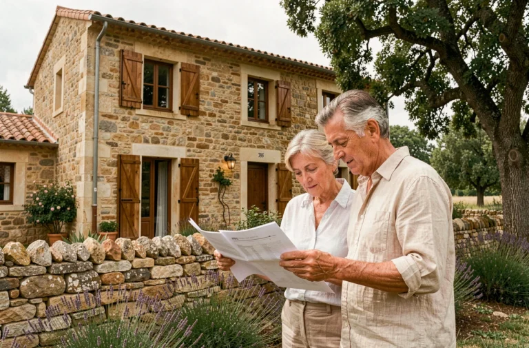 Couple examinant des documents de rénovation devant une résidence secondaire en pierre en France