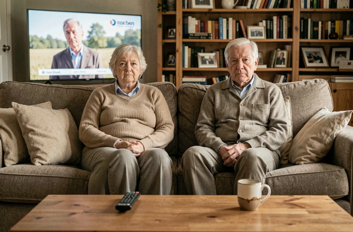 Couple de retraités assis en silence dans leur salon devant la télévision, illustrant l'ennui et le manque de stimulation à la retraite