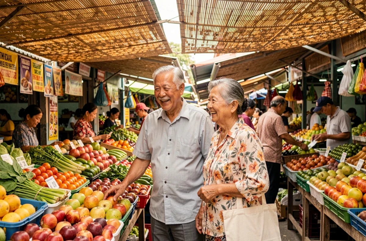 Couple de retraités voyageant en Asie du Sud-Est et explorant un marché local coloré