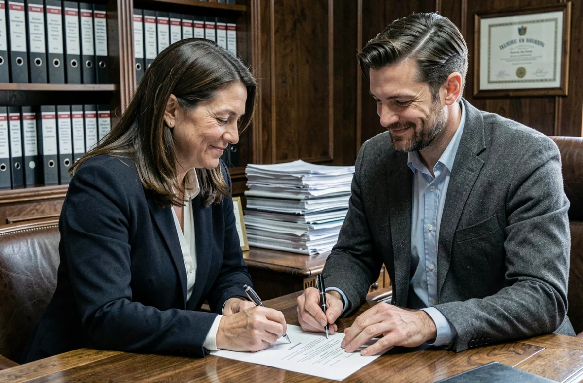 Couple signant des documents officiels chez un notaire lors d'un remariage, symbolisant les avantages juridiques et administratifs du remariage