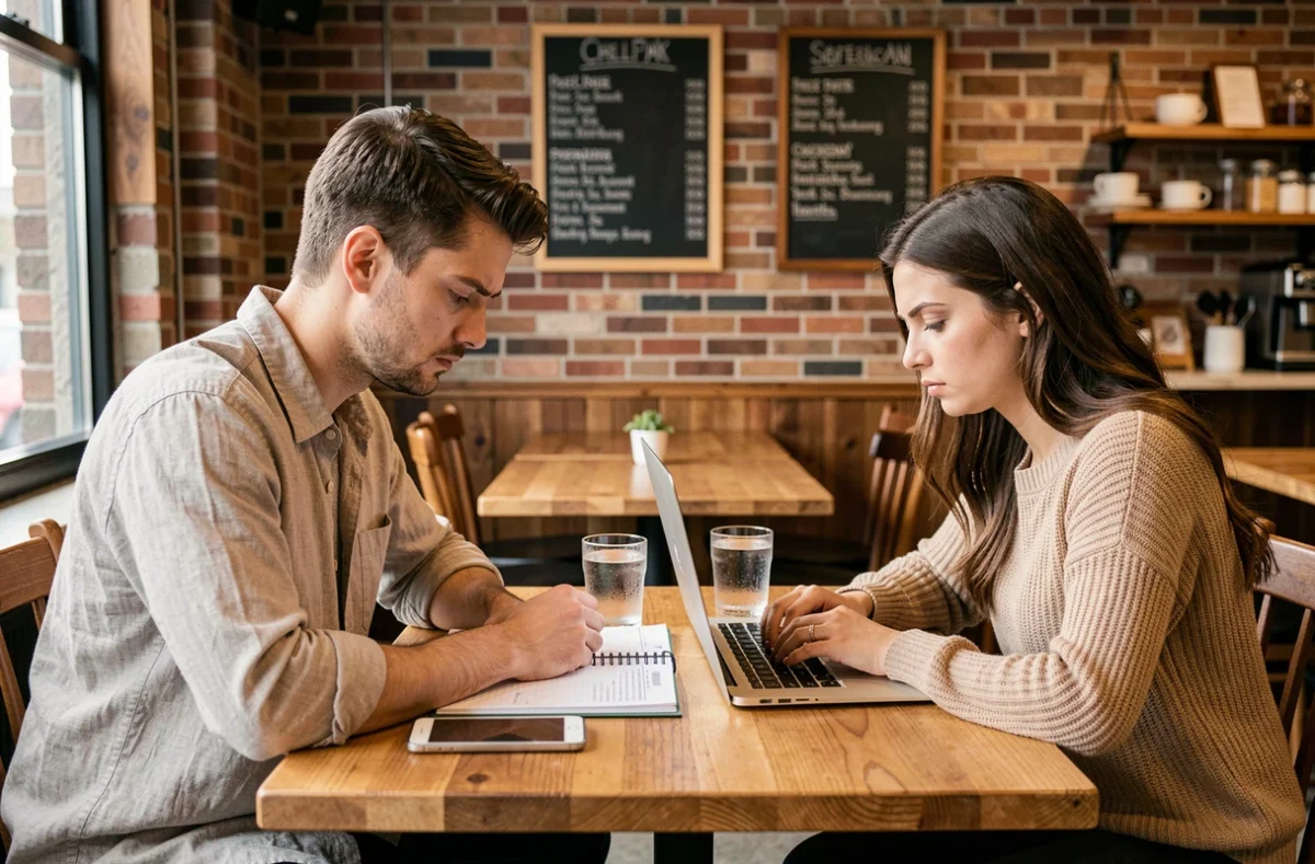 Couple discutant de budget et de finances dans un café, illustrant les tensions émotionnelles liées à l'argent dans la vie de couple