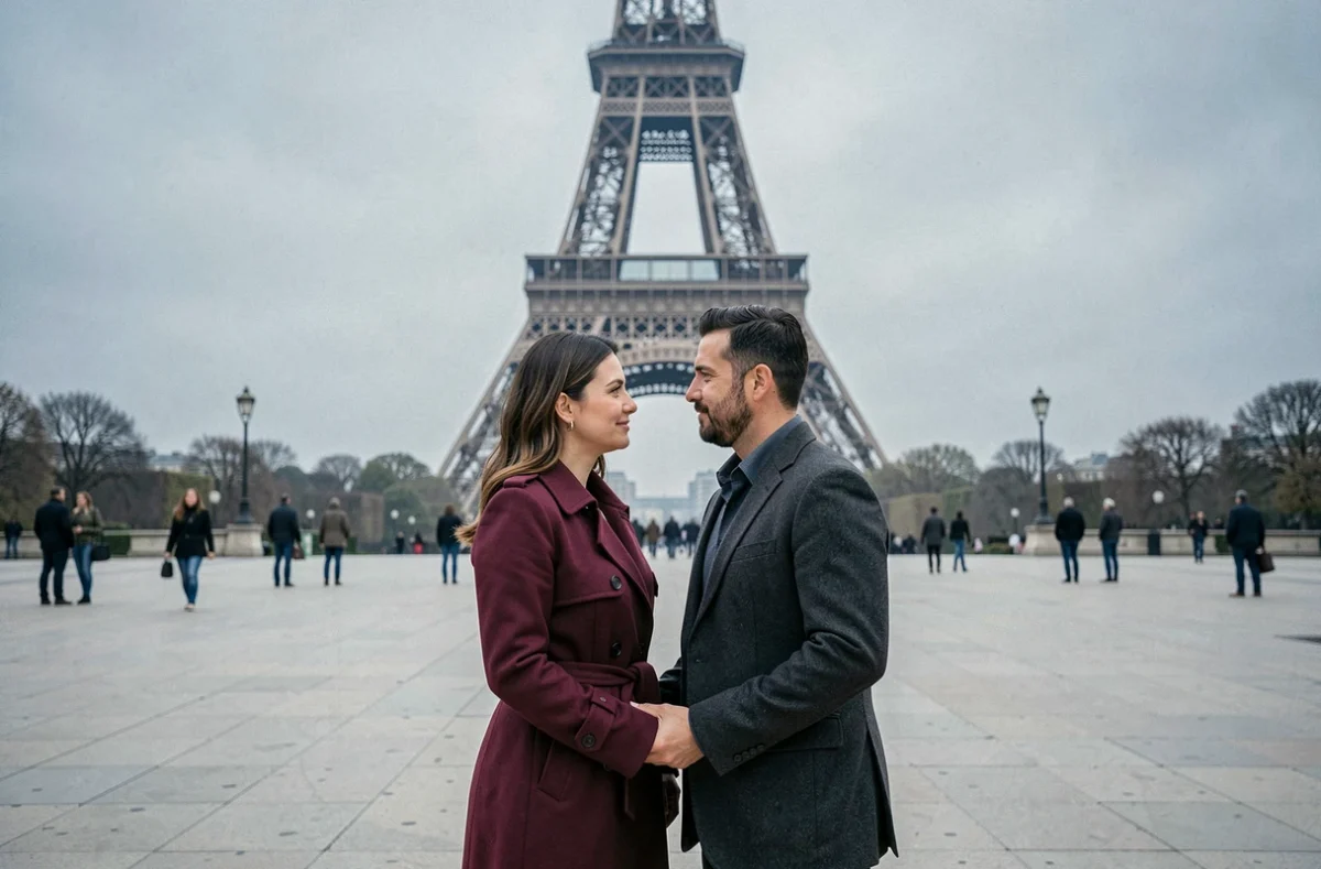 Couple romantique main dans la main devant la Tour Eiffel sur l'esplanade du Trocadéro