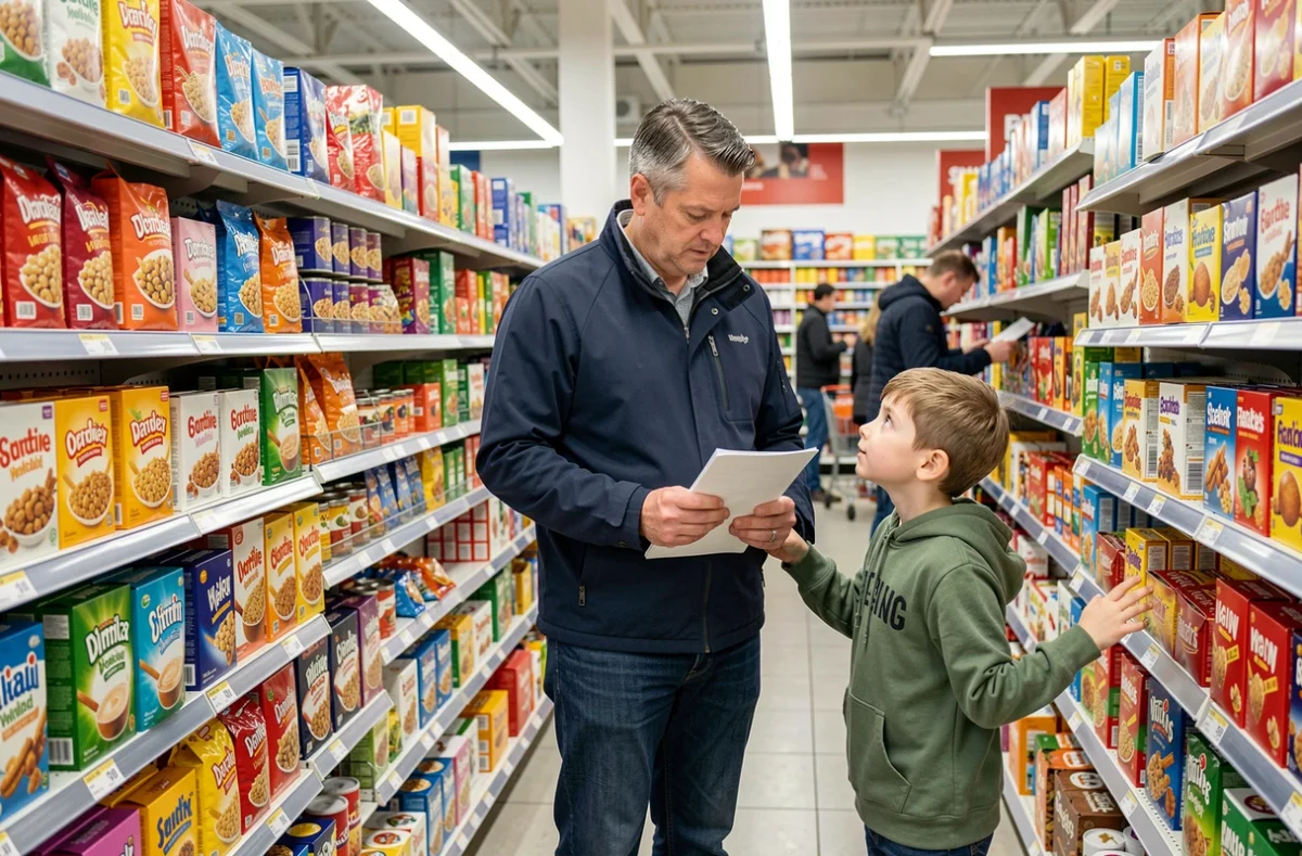 Père et fils faisant les courses alimentaires dans un supermarché, illustrant les dépenses quotidiennes liées à l'éducation d'un enfant