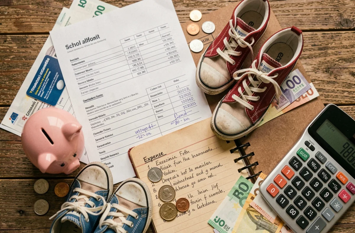 Vue de dessus d'un bureau avec tirelire, billets, pièces de monnaie et documents scolaires symbolisant le coût financier d'élever un enfant