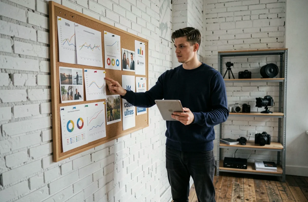 Créateur de contenu masculin analysant une stratégie de partenariat avec des marques dans un studio créatif