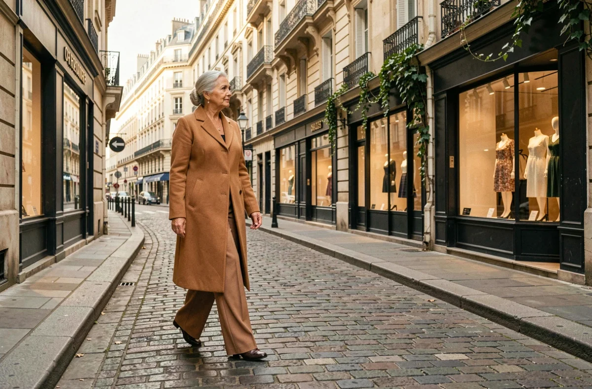 Styliste de renom marchant dans une rue pavée parisienne avec une silhouette élégante et structurée