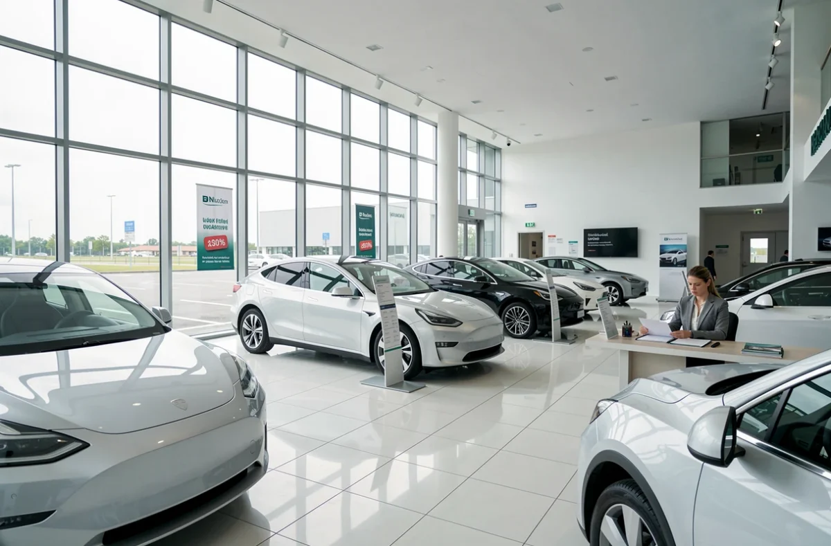Salle d'exposition automobile déserte avec des véhicules électriques invendus et une vendeuse préoccupée