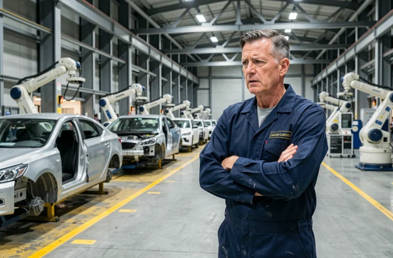 Ingénieur automobile debout devant une chaîne de production à l'arrêt dans une usine automobile en crise