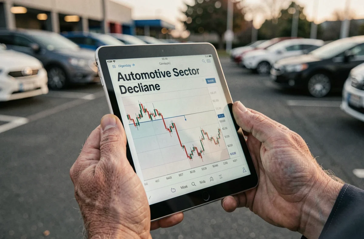 Mains tenant une tablette affichant un graphique en baisse symbolisant la crise du secteur automobile