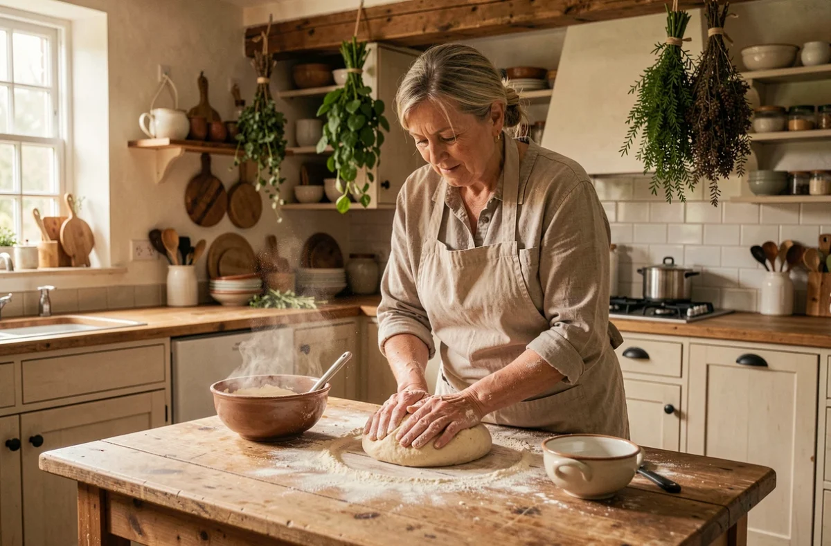 Femme préparant du pain artisanal dans une cuisine familiale chaleureuse, illustration du quotidien culinaire