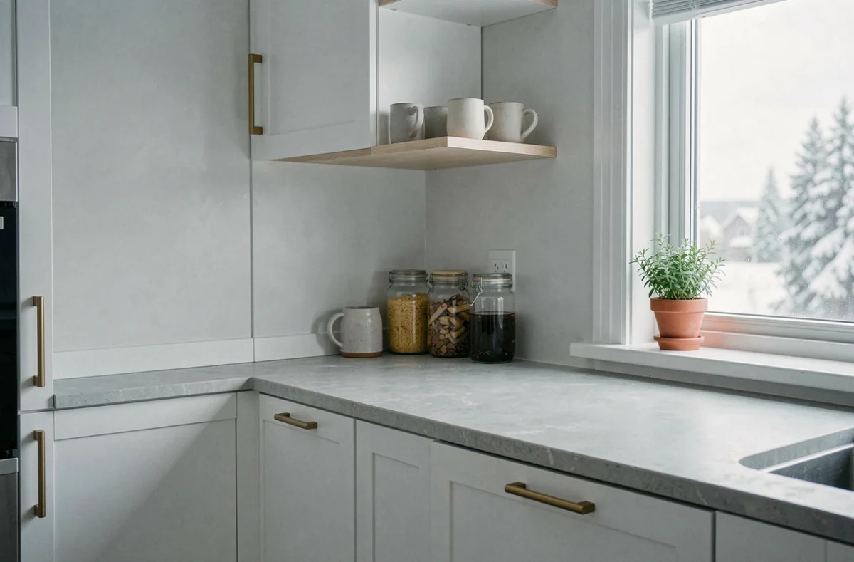 Cuisine scandinave épurée avec placards blancs, plan de travail en pierre et étagères en bois ouvertes