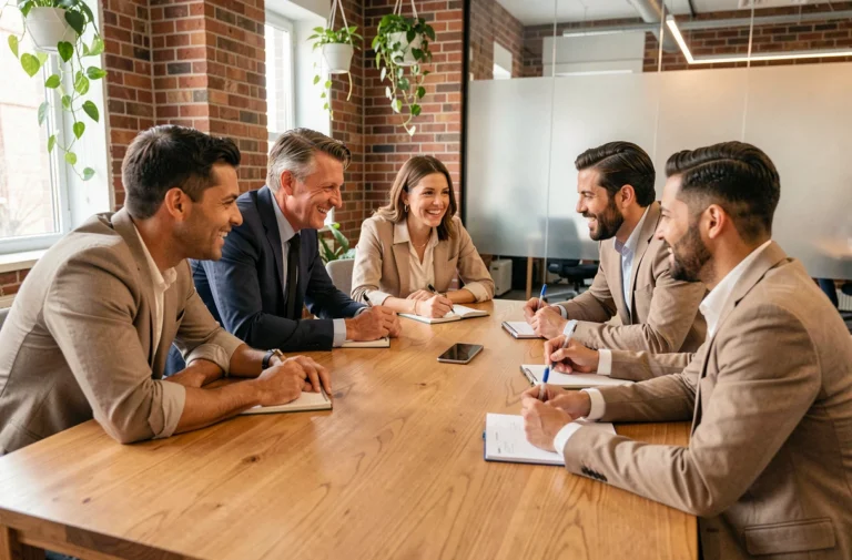 Équipe de professionnels en réunion collaborative autour d'une table en bois dans un bureau moderne, illustrant la culture d'entreprise participative