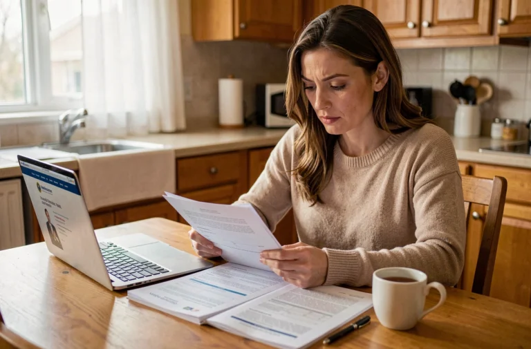 Mère célibataire remplissant un dossier de demande d'allocation de soutien familial à son domicile