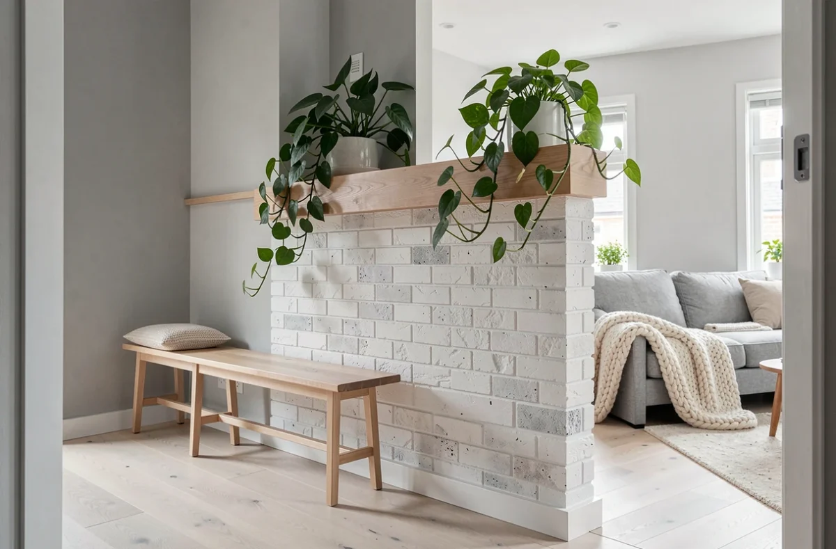 Demi-mur en briques blanchies avec jardinière séparant une entrée d'un salon dans un intérieur scandinave épuré