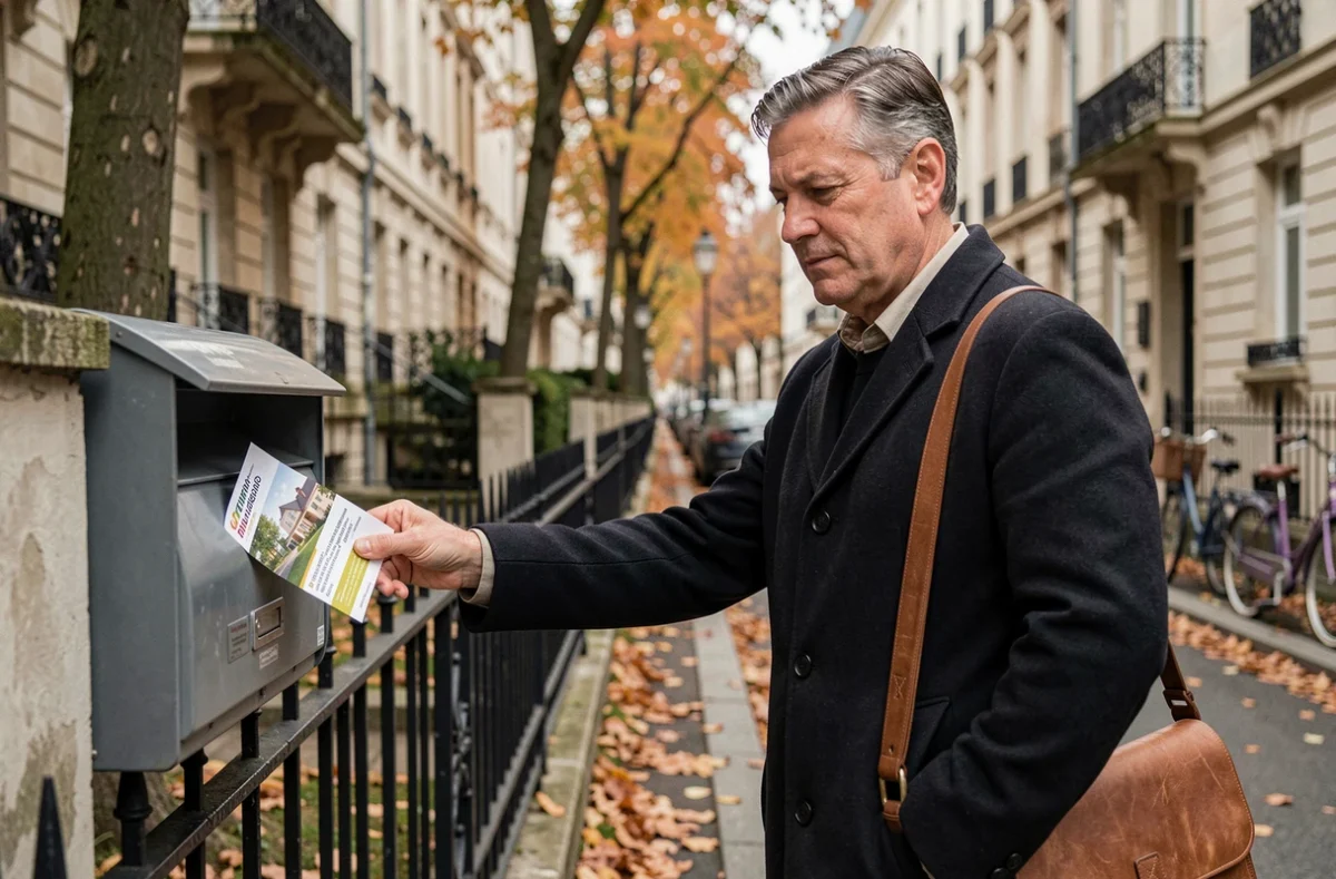 Agent immobilier déposant un flyer de prospection dans une boîte aux lettres dans une rue résidentielle