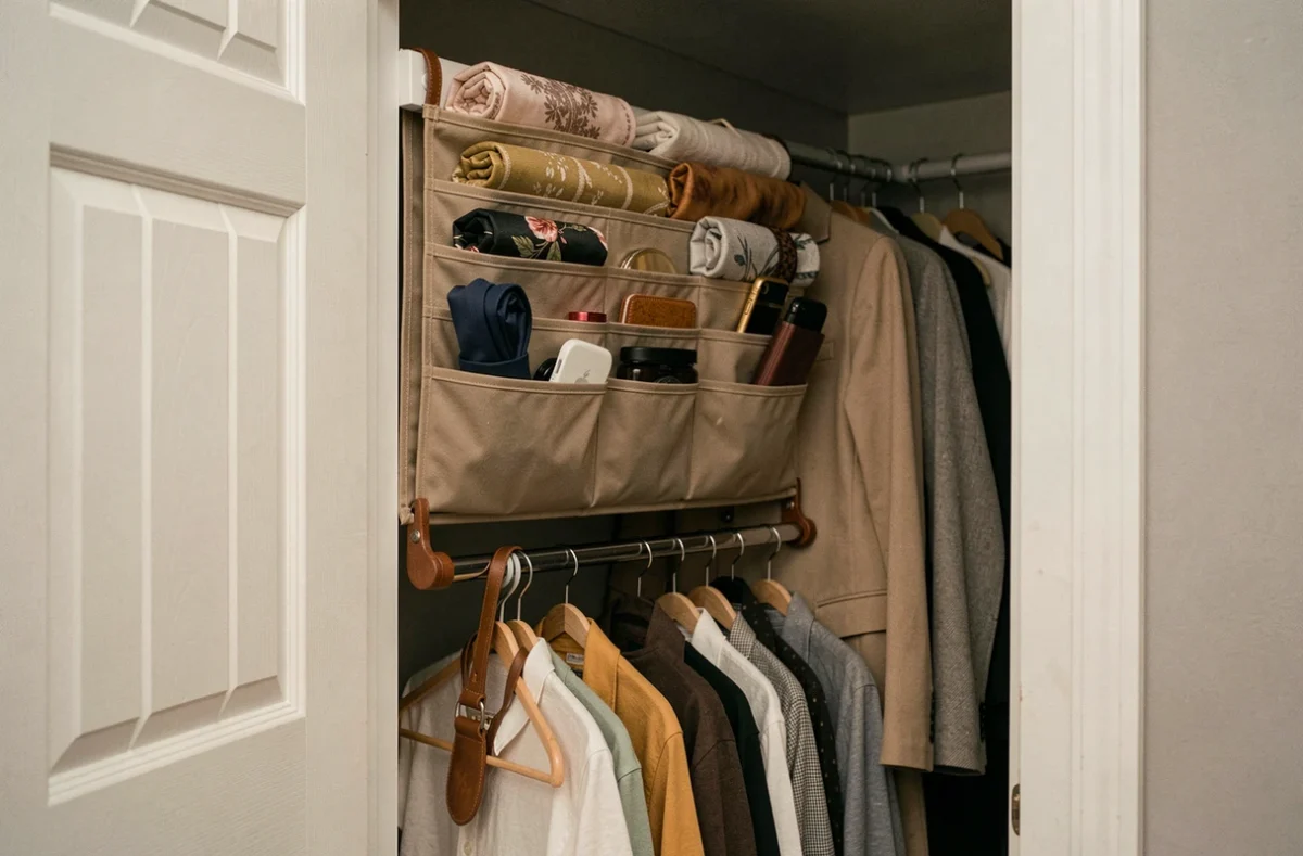 Détail de l'intérieur d'un placard avec organisateurs de porte, double penderie et poches de rangement suspendues