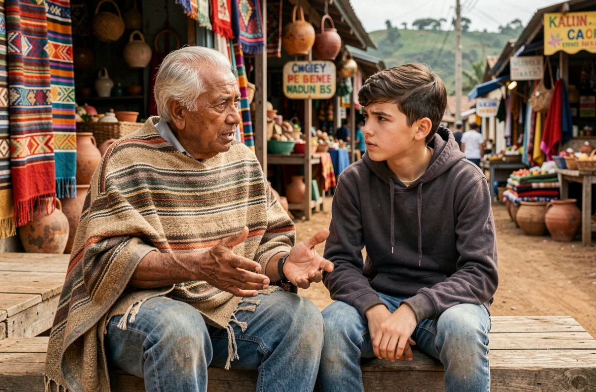 Un homme âgé en poncho traditionnel et un adolescent européen échangeant des savoirs culturels devant un marché latino-américain