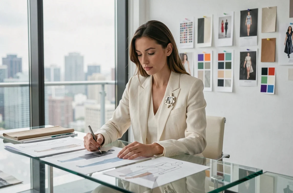 Jeune directrice artistique de mode étudiant des croquis dans un studio de création contemporain et lumineux