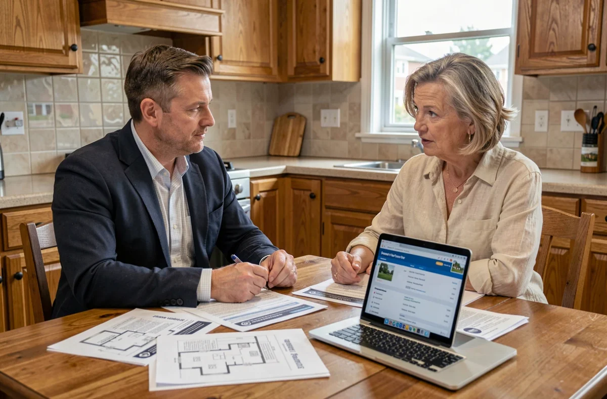 Agent immobilier et propriétaire discutant d'un rapport d'estimation autour d'une table de cuisine