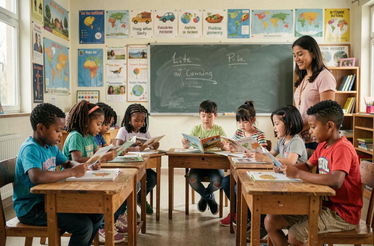 Élèves d'origines culturelles variées participant à une activité de lecture dans une salle de classe diverse et inclusive, symbolisant l'intégration de la diversité sociale dès l'école