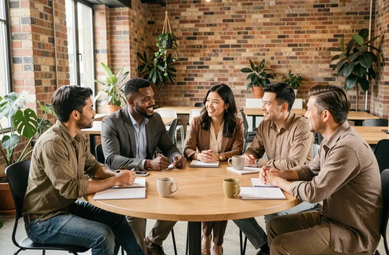 Groupe de personnes de différentes origines culturelles réunies autour d'une table dans un espace de coworking moderne, illustrant la diversité sociale et culturelle au travail