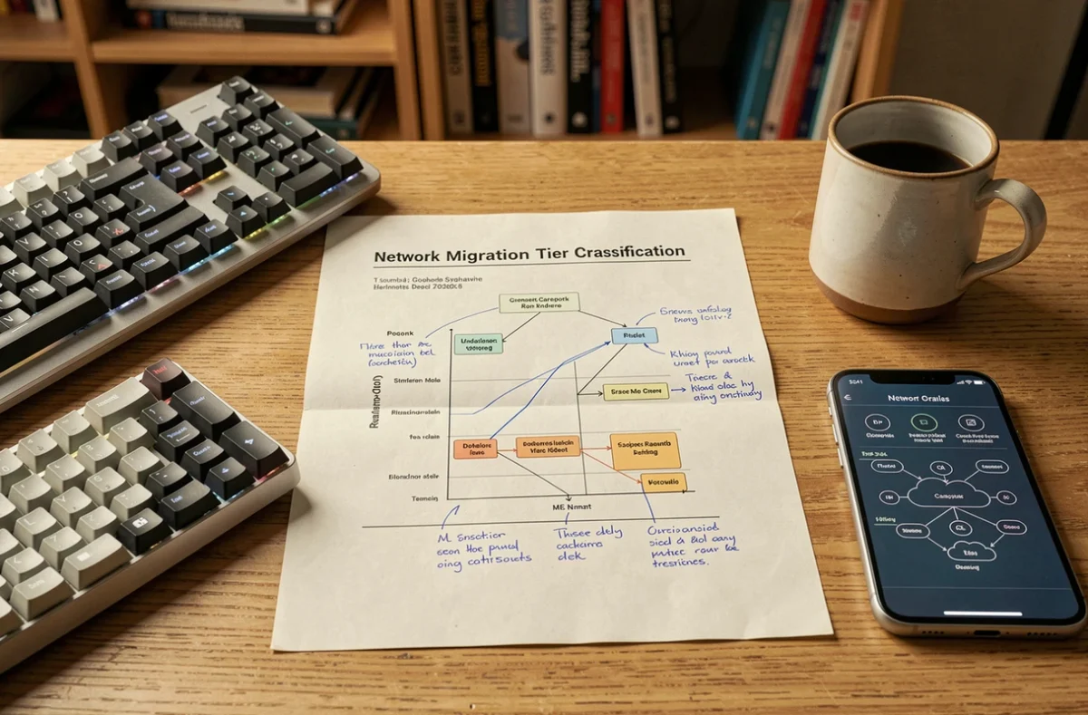 Vue aérienne d'un bureau avec des documents techniques sur la classification des niveaux de migration réseau et annotations manuscrites
