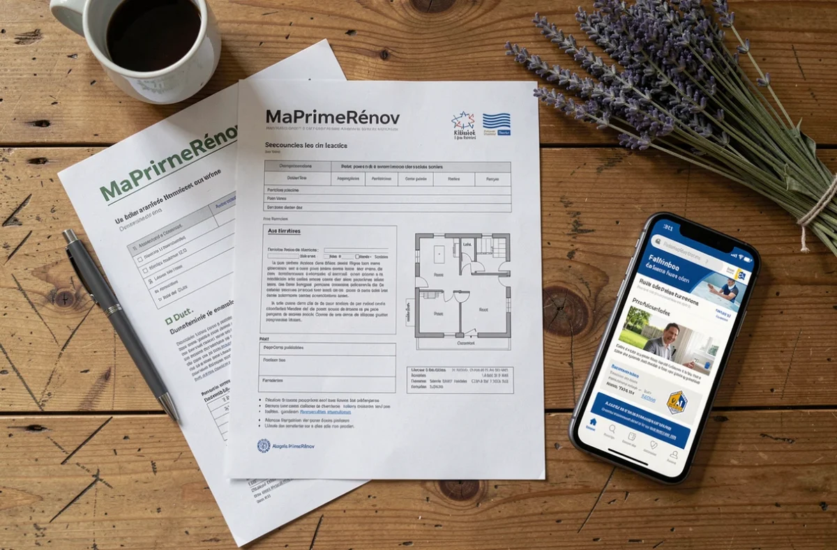 Dossier MaPrimeRénov posé sur une table en bois avec documents administratifs et plan de résidence secondaire