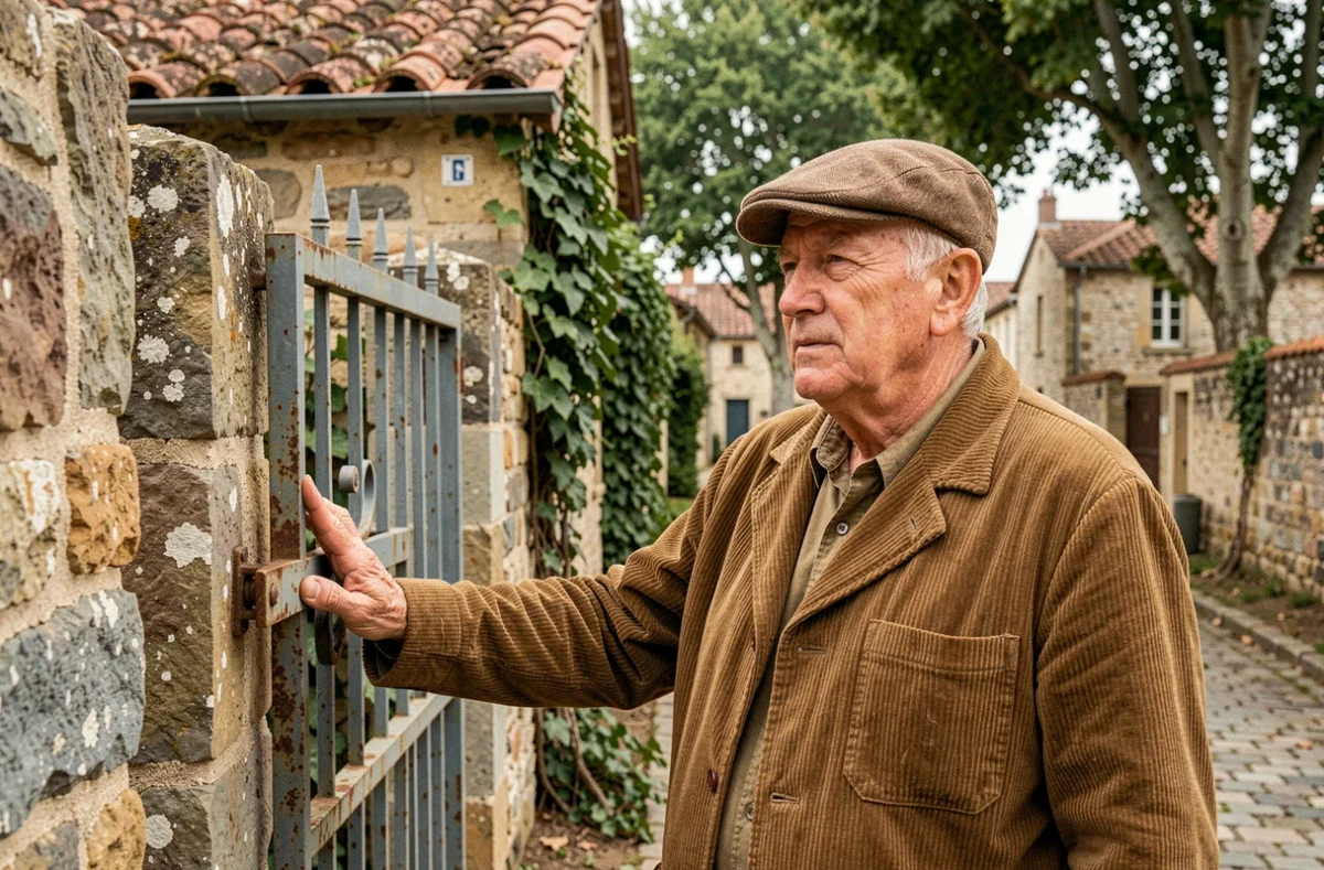 Vieil homme debout devant le portail en fer d'une propriété en pierre dans un village rural français, évoquant la notion de droit acquis par un usage ancestral