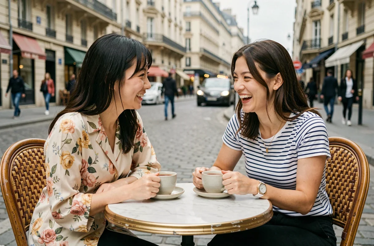 Deux femmes de cultures différentes discutant autour d'un café en terrasse à Paris, illustrant les échanges interculturels
