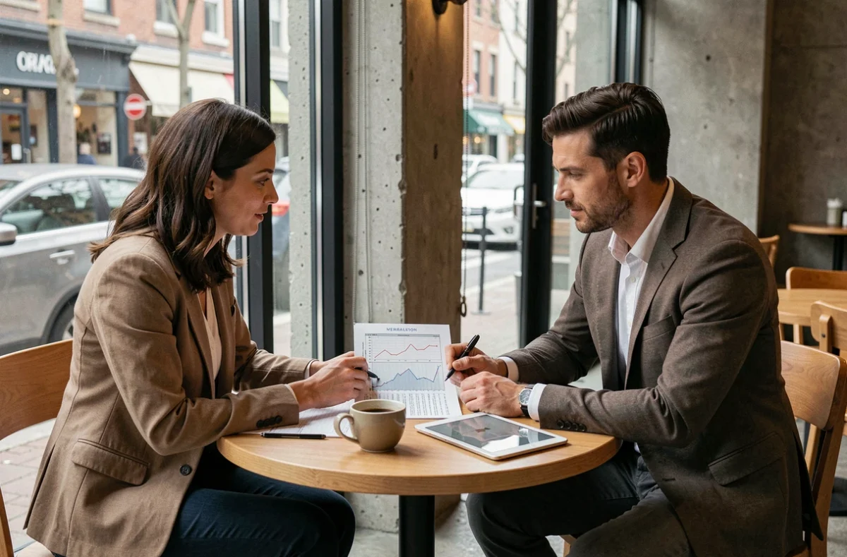 Deux entrepreneurs discutant de stratégies d'économies pour leur petite entreprise autour d'un tableau financier