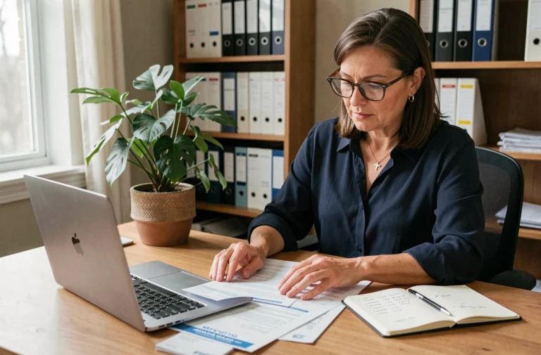 Femme propriétaire d'une petite entreprise analysant ses finances et ses économies à son bureau à domicile