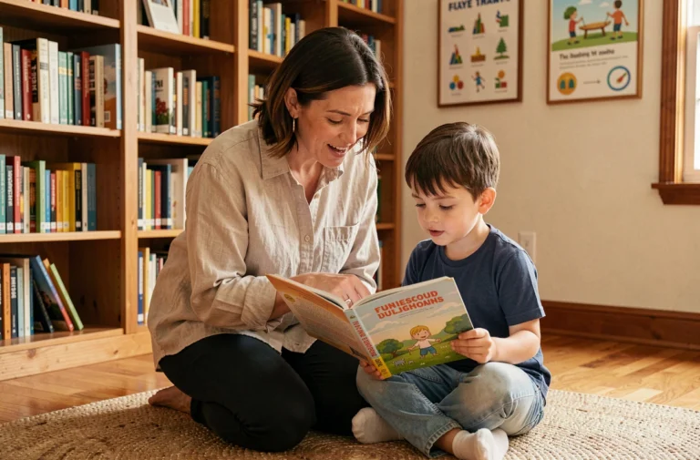 Une femme et un enfant lisent ensemble un livre illustré dans une bibliothèque familiale, symbolisant les valeurs d'une bonne éducation