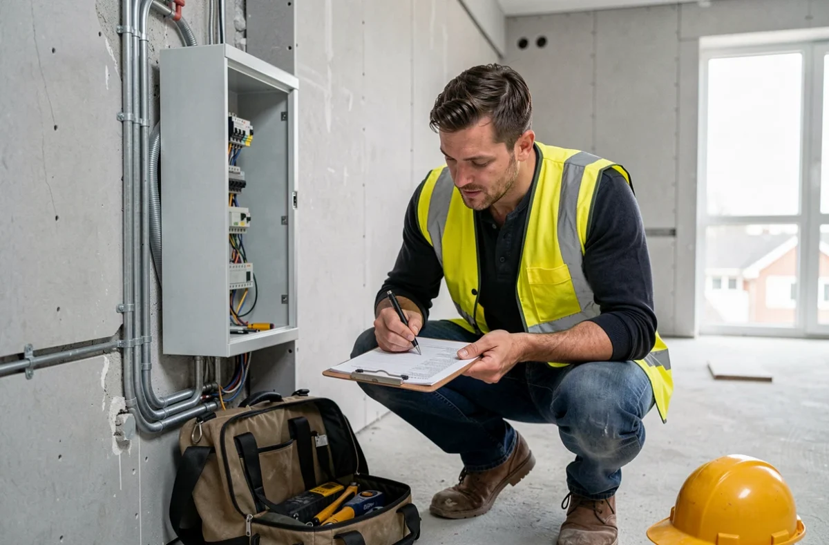 Électricien artisan remplissant un bon de travail sur un chantier de rénovation d'appartement, représentant le prix horaire d'une intervention