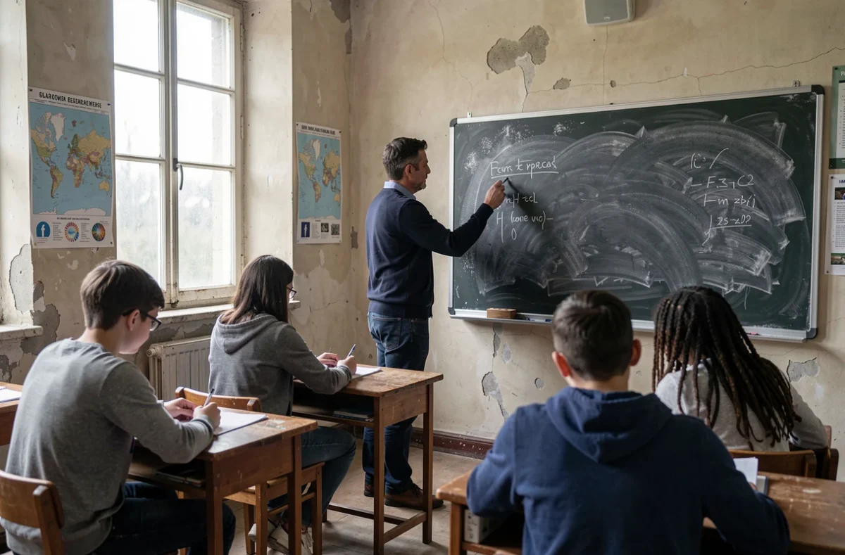 Un enseignant écrit au tableau devant des élèves adolescents attentifs dans une salle de classe, illustrant les valeurs pédagogiques de l'éducation