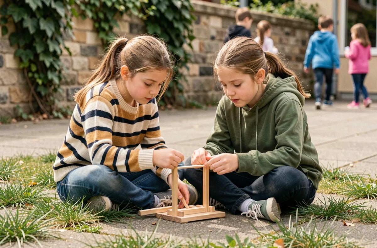 Deux jeunes filles collaborent sur un projet créatif dans une cour d'école, mettant en valeur l'entraide et le travail d'équipe comme piliers de l'éducation