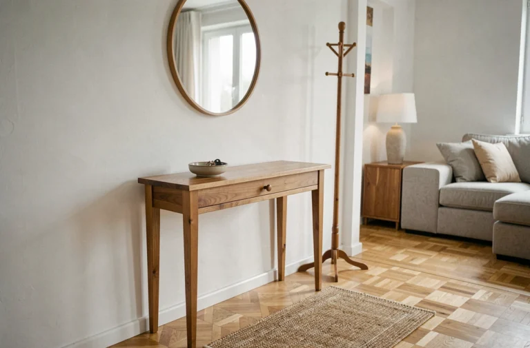 Entrée créée dans un petit salon avec une console en bois, un miroir rond et un porte-manteau slim sur parquet chêne